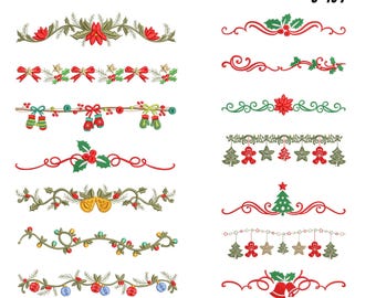 May include: A collection of Christmas border designs in various styles, featuring festive elements like holly, bows, bells, and ornaments. The designs are in 9 sizes, ranging from 3 to 7 inches. The text "CHRISTMAS BORDERS" is at the top.