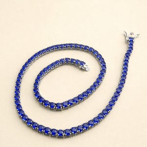 Gargantilha de tênis com safira azul, prata de lei 925, corte redondo