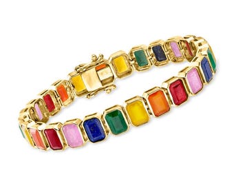Emerald Cut Multi Sapphire Gemstone With 14K Gold Tennis Bracelet, Multi Gem Jewelry