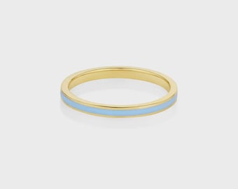 Anillo de plata de ley chapado en oro de 14 quilates con esmalte azul, banda de esmalte "Something Blue"