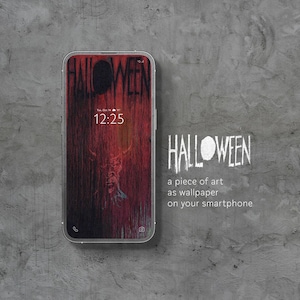 May include: A smartphone shows a Halloween wallpaper in red and black, with a demonic image and the word "HALLOWEEN". The text "a piece of art as wallpaper on your smartphone" is also visible. The time displayed on the screen is 12:25.