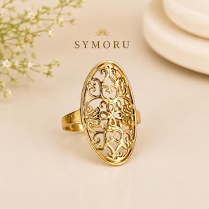 Filigran Statement-ring, Guld Oval Mässingsring, Justerbar Boho-ring, Vintage-inspirerade Minimalistiska Smycken, Elegant Handgjord Ring för Kvinnor
