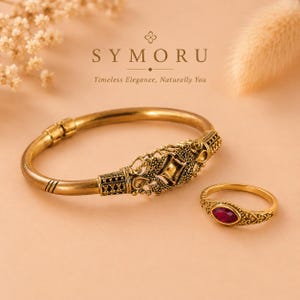 Brass Bracelet and Natural Garnet Ring Set, Marquise Garnet Ring, Vintage Filigree Bangle, January Birthstone Jewelry, Boho Gift for Women