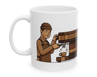 May include: White ceramic coffee mug featuring a barista illustration. The barista is depicted with a wood-grain texture, operating a wooden espresso machine. The mug has a handle and the text "SAWDUST MACHINE" is visible on the machine.