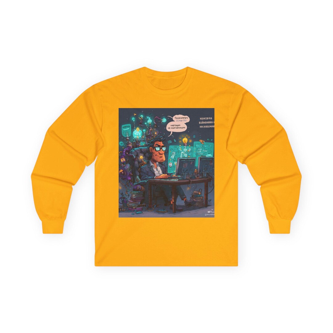 Programmer Cat at Night Long Sleeve Tee | Coding Workspace Illustration ...
