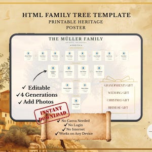 May include: A digital family tree template with the text "HTML FAMILY TREE TEMPLATE PRINTABLE HERITAGE POSTER". The template is editable, allows for 4 generations, and photo additions. It is an instant download.