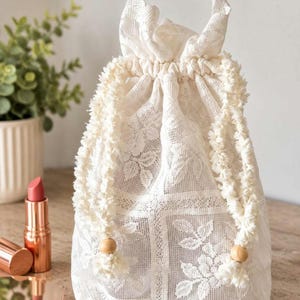 Cream Lace Floral Drawstring Toiletry Bag/Handmade Makeup, Cosmetics Pouch /Unique Storage/Wedding Accessory/Handcrochet Ties/Gift for Her