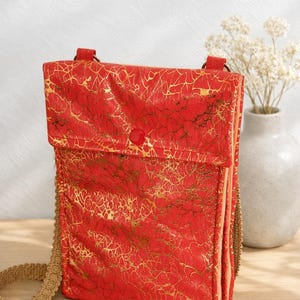 Handmade Crossbody Shoulder Bag/Upcycled Eco-Friendly Fabric Phone Bag/Deep Peach & Gold/Lined with 3 Sections/Detachable Strap/Gift for her