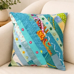 Eco-friendly Fabric Cushion/Blue & Lemon Patchwork Handmade from Offcuts/Padded Scatter Cushion with Flower Detail/Unique Home Decor Gift