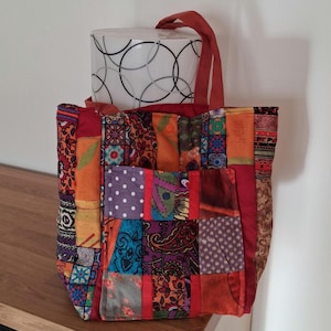 Patchwork Tote Bag – Upcycled Fabric Shoulder Bag, Handmade UK, Front Pocket