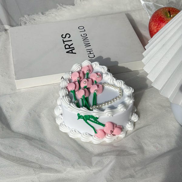 Coquette Heart Fake Cake Jewelry Box with Mirror, Vintage Korean Aesthetic Tulip Organizer, Cute Room Decor, Pink Faux Cake Storage Gift