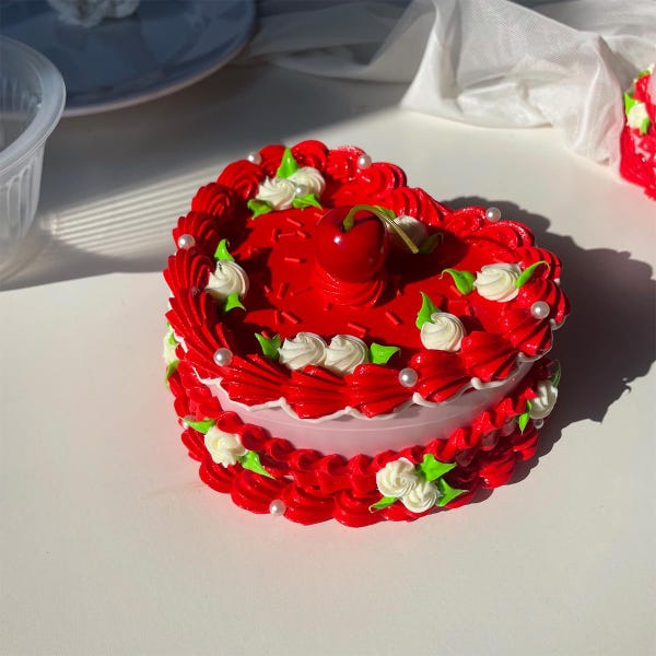 Heart Fake Cake Jewelry Box with Mirror, Aesthetic Coquette Room Decor, Vintage Red Cherry Cake Organizer, Unique Gift for Her