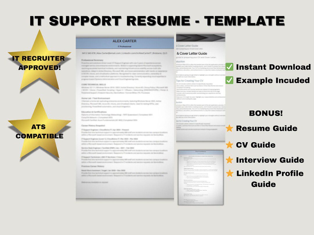 It Support Photo Example Level 1 IT Support Resume Template + Example | ATS Ready | Canva & Word ...