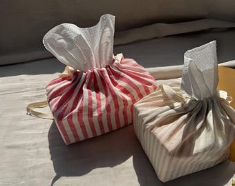 Linen Drawstring Tissue Pouch Soft Stripe Storage Bag Sunlit Home Gift for Minimalists