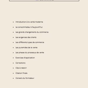 Puede incluir: Un documento beige con el t&iacute;tulo "SOMMAIRE" en la parte superior. El documento enumera temas como "Introduction &agrave; la vente moderne", "Le consommateur d'aujourd'hui" y "Les grands changements du commerce".
