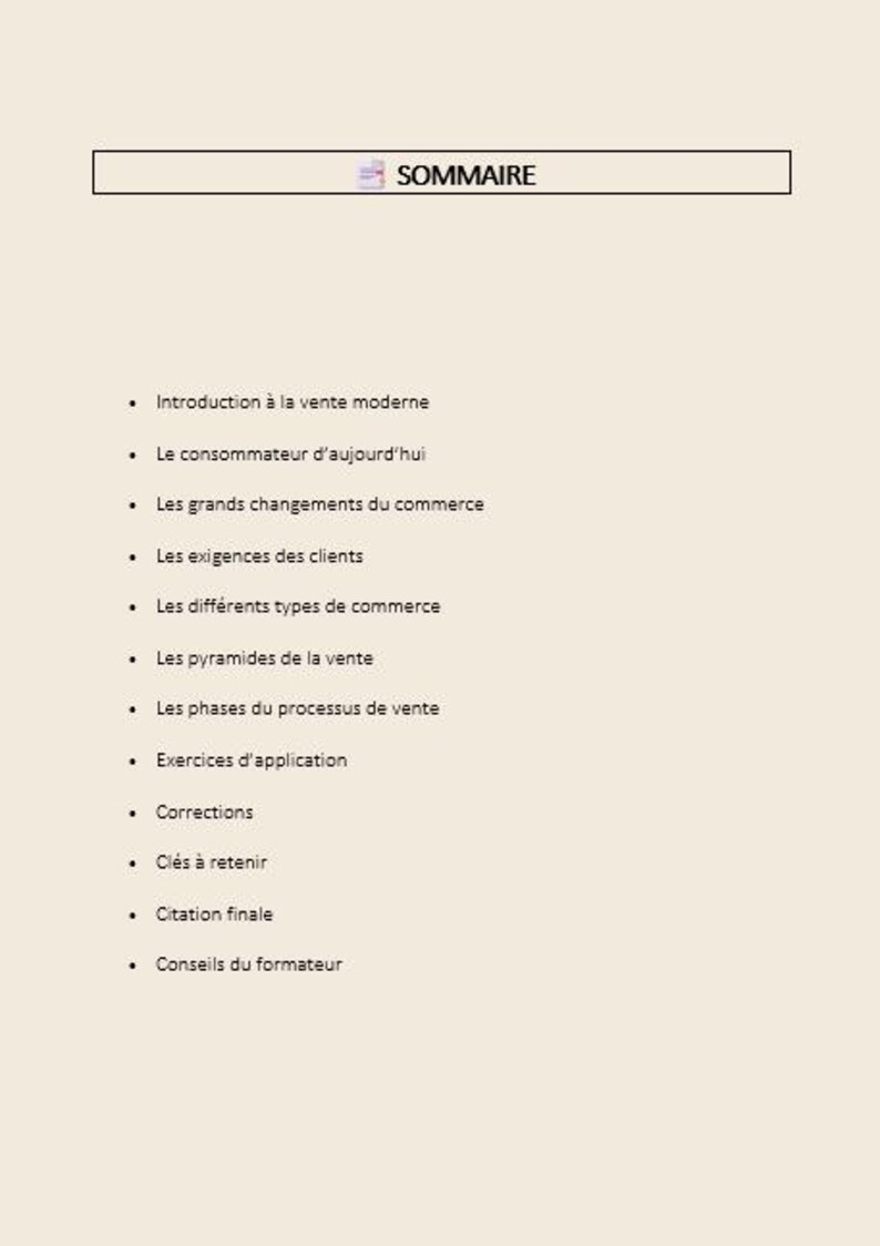 Puede incluir: Un documento beige con el t&iacute;tulo "SOMMAIRE" en la parte superior. El documento enumera temas como "Introduction &agrave; la vente moderne", "Le consommateur d'aujourd'hui" y "Les grands changements du commerce".