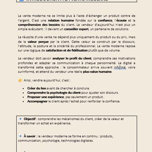 Puede incluir: Una p&aacute;gina de un documento titulado "INTRODUCTION &Agrave; LA VENTE MODERNE" en franc&eacute;s. El texto trata sobre las ventas modernas, las necesidades del cliente y la construcci&oacute;n de la confianza. Vi&ntilde;etas y un cuadro resaltan conceptos clave.