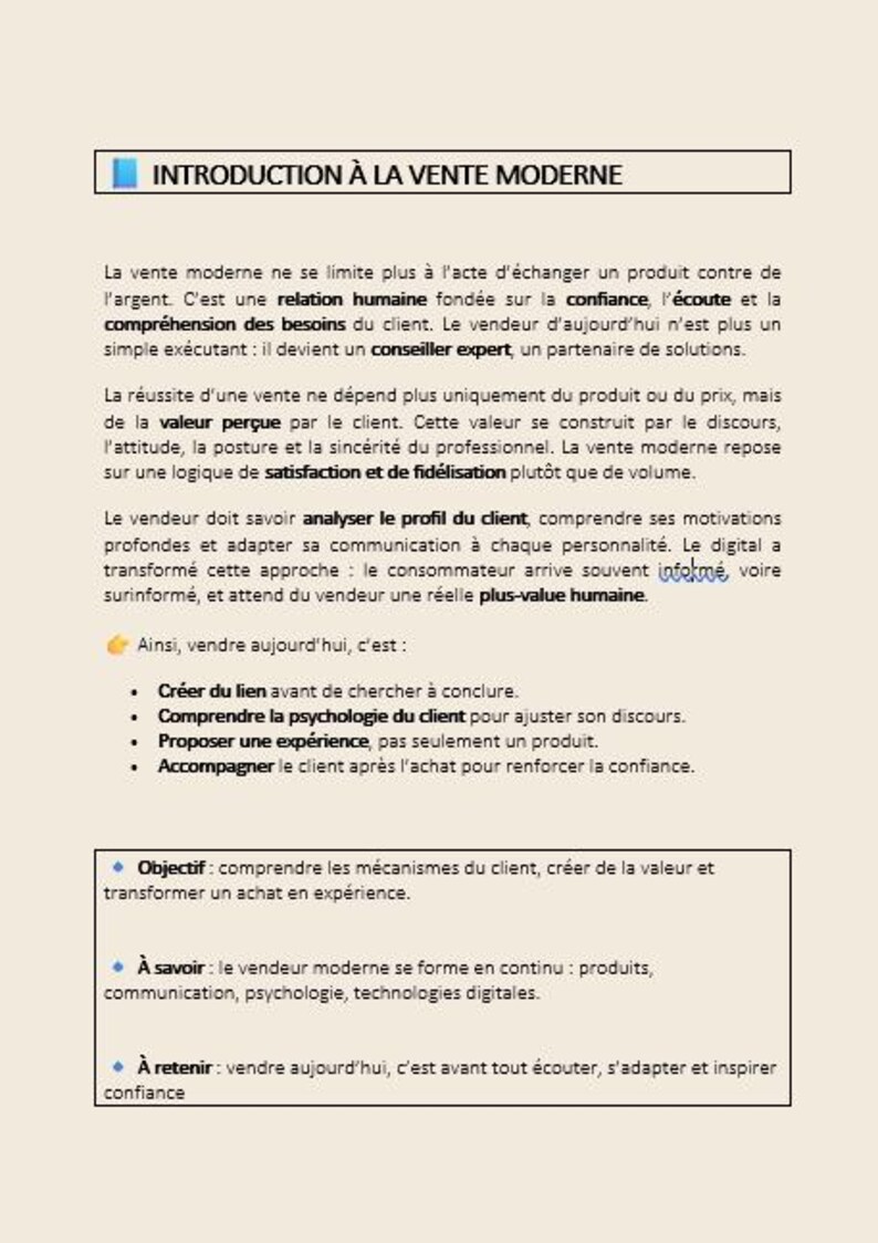Puede incluir: Una p&aacute;gina de un documento titulado "INTRODUCTION &Agrave; LA VENTE MODERNE" en franc&eacute;s. El texto trata sobre las ventas modernas, las necesidades del cliente y la construcci&oacute;n de la confianza. Vi&ntilde;etas y un cuadro resaltan conceptos clave.