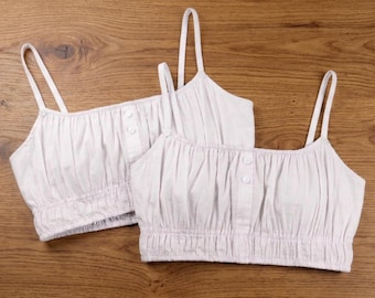 Set of 2 White Cotton Batiste Bralettes, Vintage Square-Neck Crop Tops