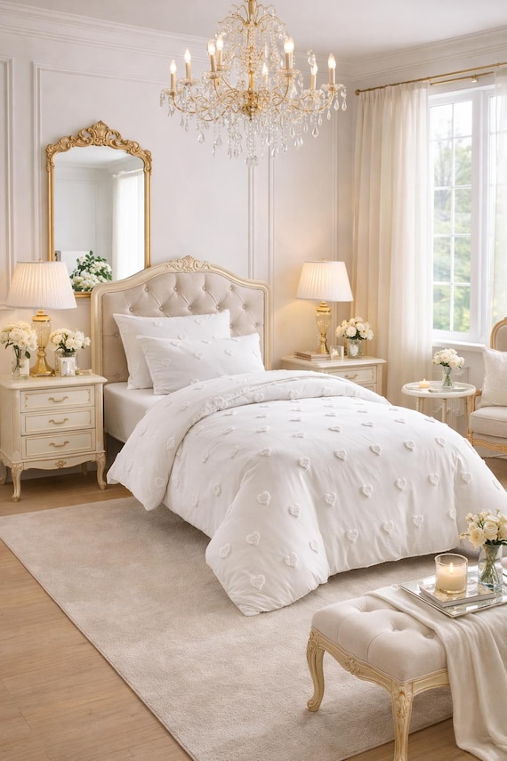 Weiches, herzförmiges Bettwäscheset, beige und weiß, romantischer, gesteppter Bettbezug, schicke Bettwäsche, Doppelbett, Queensize, Kingsize, alle Größen