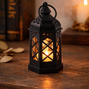 Retro-LED-Laterne in Sechseckform | Dekorative Lampe für Halloween & Ramadan | Schwarze oder weiße Tischlaterne | Originelles Deko-Geschenk