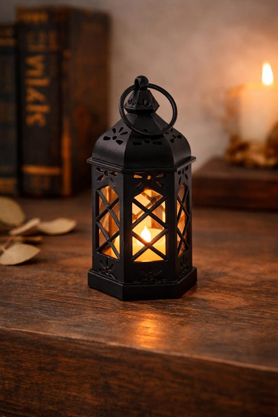 Lanterne LED hexagonale rétro | Lampe décorative ambiance Halloween & Ramadan | Lanterne de bureau noire ou blanche | Cadeau déco original
