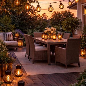 Peut inclure: Scène de dîner en plein air avec une table en bois, des chaises en osier et des lanternes décoratives. Des guirlandes lumineuses suspendues illuminent le patio. L'ensemble est baigné par la lumière du coucher de soleil, créant une ambiance chaleureuse.