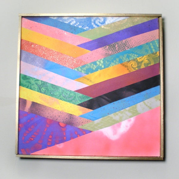Overlapping Triangles, 12"x12", framed, wood and paper collage