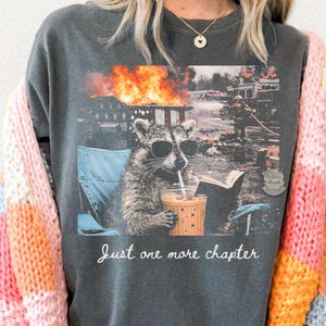 May include: Dark gray sweatshirt featuring a raccoon wearing sunglasses, drinking a beverage, and reading a book while a building burns in the background. The text "Just one more chapter" is below the image. The person is wearing a colorful, patchwork cardigan.