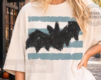 Camiseta de otoño con estampado de sangre de murciélago desgastada, rayas de calabaza y pintura de dedos PNG, sudadera acogedora de otoño PNG, tendencia de mamá minimalista de otoño
