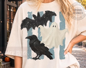 Camiseta de otoño con estampado de murciélago, cuervo y rayas fantasma desgastadas, pintura de dedos PNG, sudadera acogedora de otoño PNG, tendencia de mamá minimalista de otoño