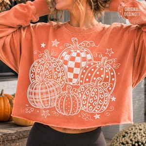May include: A burnt orange long-sleeve sweatshirt featuring a white graphic print of six pumpkins with various patterns including leopard print, checkerboard, plaid, and polka dots, accented with small stars and swirling vine details.