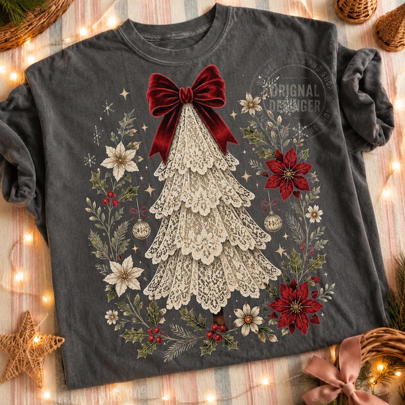 Pu&ograve; includere: Una t-shirt grigio antracite con la grafica di un albero di Natale realizzato in pizzo color crema, sormontato da un grande fiocco in velluto rosso. L'albero &egrave; circondato da una ghirlanda di stelle di Natale rosse e bianche e agrifoglio.