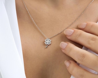 14K White Gold Diamond Clover Necklace, 0.07ct Dainty Lucky Charm Pendant, Minimalist Good Luck Jewelry, Real Diamond Gift for Her