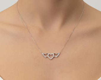 925 Sterling Silver Angel Wing Heart Necklace, Dainty CZ Pave Winged Heart Pendant, Guardian Angel Jewelry, Love Token, Romantic Gift for He