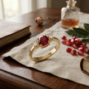 Bague rubis rouge, bague en or 14 carats avec pierres précieuses rondes, bague de promesse accent diamants, cadeau de pierre de naissance de décembre, bijoux délicats, pierre de 0,75 ct