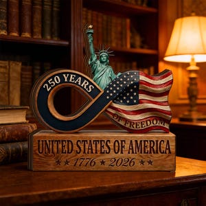 May include: A wooden sculpture featuring the Statue of Liberty, an American flag, and the text "250 YEARS OF FREEDOM." The base reads "UNITED STATES OF AMERICA" with the years 1776 and 2026. The sculpture is made of wood.