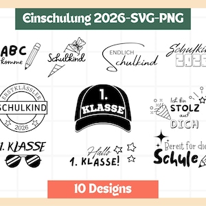 Könnte beinhalten: Eine Sammlung von schwarz-weißen Designs mit Text zum Thema Schule, darunter "Einschulung 2026-SVG-PNG", "ABC ich komme", "Schulkind", "1. Klasse" und "Bereit für die Schule". Die Designs zeigen einen Bleistift, eine Mütze und Sterne.