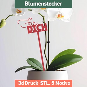 May include: A red plant stake featuring the text "Für DICH" in a combination of script and block lettering. The stake is positioned in a white pot containing a white orchid with green leaves. The image includes the text "Blumenstecker" and "3d Druck-STL, 5 Motive".