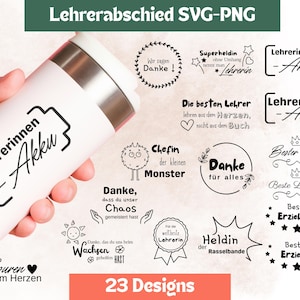 Könnte beinhalten: Ein weißer Reisebecher mit silbernem Deckel wird in einer Hand gehalten. Auf dem Becher stehen die Worte "Lehrerinnen - Akku" in Schwarz. Das Bild zeigt auch 23 verschiedene schwarz-weiße Designs mit Text wie "Danke" und "Beste Lehrerin".