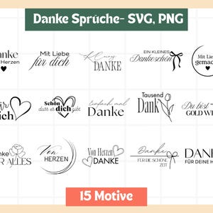 Tackord SVG-paket – 15 plotterfiler PNG tyska | Tackgåvor, kort, ljus