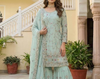 Kurti Sharara bordado de designer com Dupatta, roupa de festa de casamento paquistanesa