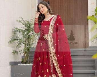 Red Designer Women Gown Embroidered Anarkali Gown with Dupatta, Pakistani Wedding Partywear