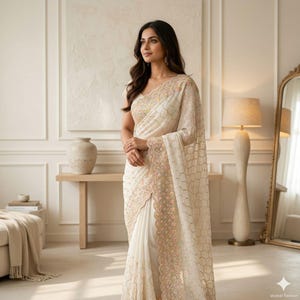 Può includere: Sari avorio con ricami intricati e bordo smerlato. Il sari presenta motivi delicati e una lucentezza sottile, creando un look elegante e sofisticato. Il design include accenti dorati e pesca.
