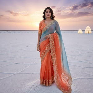 Op de afbeelding: Een vrouw draagt een oranje en blauwe sari met gouden borduursels. De sari heeft een kleureffect. De achtergrond is een witte vlakte onder een zonsonderganghemel. Het ontwerp van de sari is gedetailleerd en elegant.