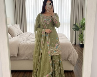 Designer Anarkali Sarara Pair Embroidered Kurti Sharara with Dupatta, Pakistani Wedding Partywear