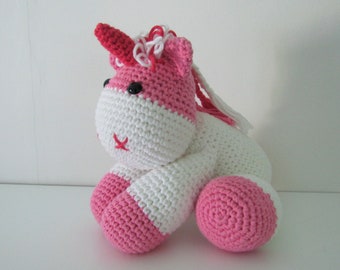 Cuddly crochet unicorn - handmade in soft cotton yarn - braided mane and tail - white and pink - safety eyes