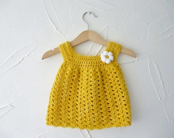 Crochet Baby Sundress - Sunflower Yellow Organic Merino Wool, Daisy - (0-3 Months)