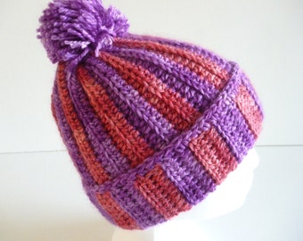 Purple Merino Wool Pom Pom Hat – Hand Crocheted Slouchy Beanie
