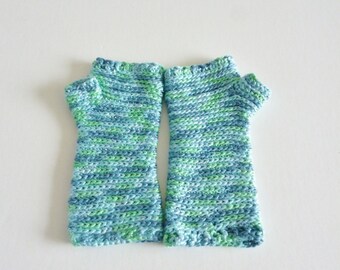 Gauntlet style fingerless gloves - soft and warm - hand made with silk - aqua - blues and greens - mermaid - teen to adult